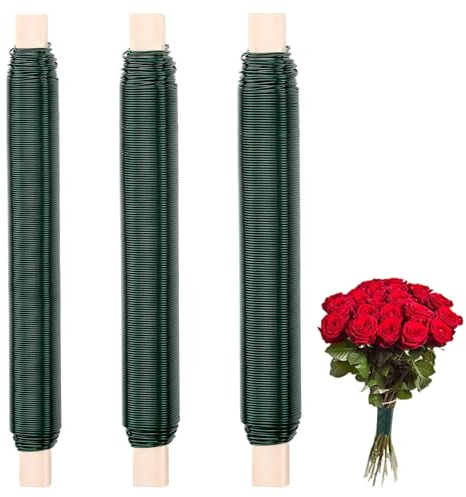 Mbsomnus 3 Stück Blumendraht Bindedraht Grün Wickeldraht 0,7mm/0,5mm/0,35mm Basteldraht auf Holzwickel für Befestigung von Blumen Pflanzen DIY Kreative Projekte Dekoration