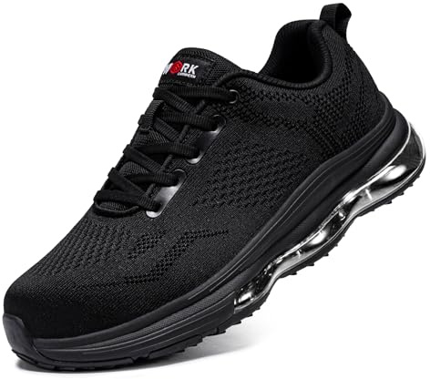 LARNMERN Safety Trainers Non Slip Steel Toe Cap Shoes Men Work Trainer Sneakers Lightweight Comfortable Breathable Running(7 UK, Black-Cushioned)
