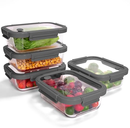 BOROHOUSE 5-Pack Borosilicate Glass Containers with Tempered Glass Lids, 35.2oz/4.4 Cup Airtight Meal Prep Set, Microwave/Freezer Safe (Gray)