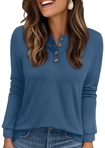 XIEERDUO Womens Sweatshirts Ladies Jumpers for Women UK Long Sleeve Tops Ladies Button Up Henley Shirts Size 10-12 Blue M