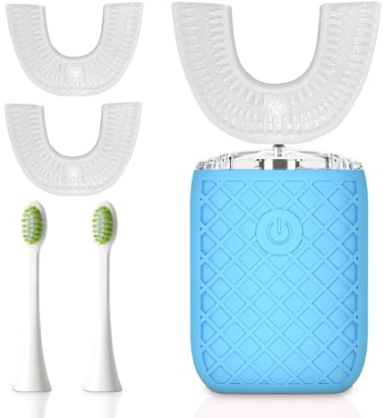 U Shaped Toothbrush for Adults, Automatic Sonic Electric Toothbrush, Full Mouth 360° Oral Cleaning & Stain Whitening, IPX7 Waterproof Rechargeable, 3 U-Shape Brush Heads & 2 Straight Brush Heads