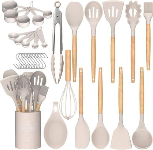 Silikon Küchenhelfer Set, Umiten 24 Stück Kochbesteck Set Küchenutensilien, küchenset mit Utensilienhalter, Antihaft Hitzebeständiger Kochbesteck Set, Gesund & Spülmaschinenfest - Khaki