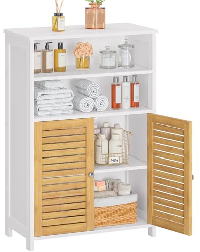 FORABAMB Mobile Bagno con Ripiani Regolabili in Altezza, Mobiletto Bagno Salvaspazio con 2 Ante in Bambù, Mobiletto Bianco Multiuso a 4 Scomparti per Pavimento, Ideale per la Cucina, 60 x 30 x 100 cm