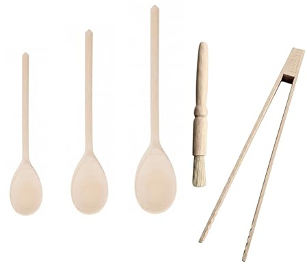 Tala 5 Piece Wooden Baking Set Containing Small, Medium & Large Spoons, Pastry Brush & Tongs Sustainable FSC Certified Beechwood, Utensils for Any Kitchen, Perfect for Non-Stick
