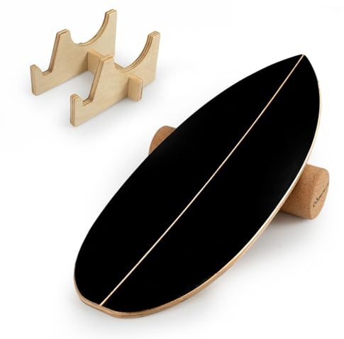 COSTWAY Surfin balansbräda av björkträ, vingla med korrulle och hållare, balanstränare upp till 150 kg, surfbräda inomhus, balanceboard för barn, vuxna (svart)