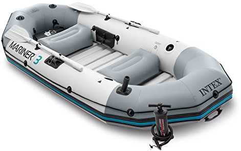 INTEX 68373EP Mariner 3 Inflatable Boat Set: Includes Deluxe 54in Boat Oars and High-Output Pump – Wear-Resistant Keel – Removable Fishing Rod Holders – 3-Person – 880lb Weight Capacity