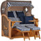 MR. DEKO® Strandkorb Baltikum 2,5-Sitzer Teak | PE Geflecht Grey | Volllieger Strandkörbe aus Teakholz mit 2 Bullaugen & Fußablagen | Polster mit 4 Kissen | Strandstuhl (Dessin 518)