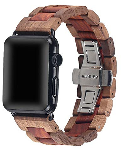 AIYIBEN Correa de reloj de madera 42mm/44mm/45mm con hebilla de mariposa de acero inoxidable compatible para iWatch Series 1 2 3 4 5 6 7(Sándalo rojo nogal)