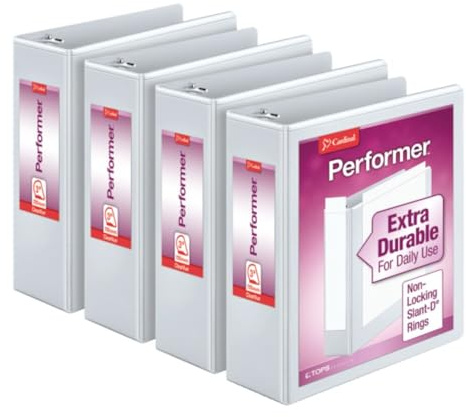 Cardinal Performer 3-Ring Binders, 3, Non-Locking Slant-D Rings, 725-Sheet Capacity, ClearVue Presentation, Non-Stick, PVC-Free, White, 4-Pack (27600)
