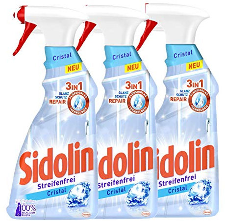 Sidolin Cristal, Glasreiniger 3x Sprühflasche, für einen perfekten Glanz und gegen Mikrorisse (3x500ml)