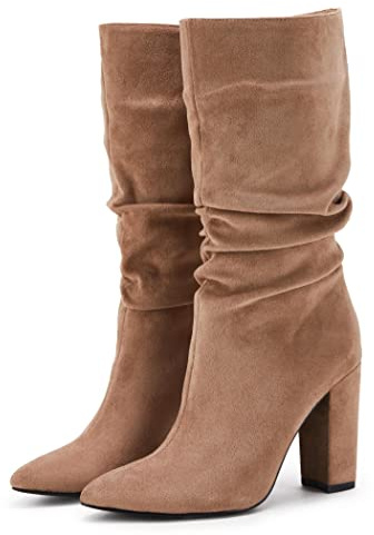 Syktkmx Womens Mid Calf Dress Boots Slouchy Pointed Toe Fall Winter Chunky Block High Heel Slip on Boots