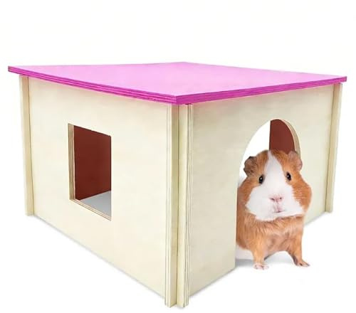 Fhiny Guinea Pig Wood House with Windows and Roof, Detachable Chinchilla Hut Hideout Hideaway Natural Hamster Habitat Decor for Hamsters Hedgehogs Squirrels or Other Small Animals (Random Color)