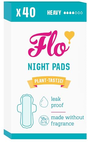 Flo Bamboo Night Period Pads – Super Absorbent, Soft, Thin - Winged Breathable Pads for Regular Flow – 40 Pads Bulk Pack