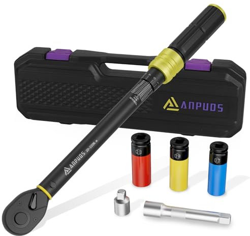 ANPUDS Llave Dinamométrica 1/2'', 20-220Nm, Precisión de ±3%, 6 Piezas Llave Dinamométrica Set con 125mm Extensión, 3/8 Adaptador, 3 Llaves de Vaso 17mm, 19mm, 21mm, para Coche Reemplazar Neumáticos
