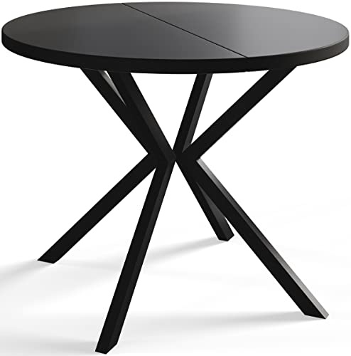 AlpiMeble Table de salle à manger ronde LOFT LITEN, table extensible diamètre : 90 cm/170 cm, table de salon, couleur : noir, avec pieds en métal de couleur noire