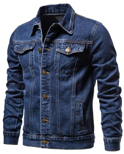 Vardaglig button down denimjacka för män, truckerjacka för män, knäppt upp jeansjacka, retro overaller cowboyrock, herr button up trucker denim skjorta jacka (mörkblå, L)