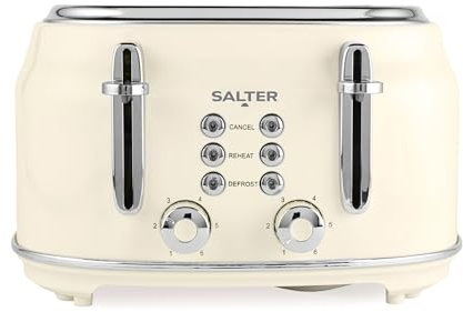 Salter EK5739CRM Retro 4-Slice Toaster – Wide Slots, 6 Browning Levels, Defrost, Reheat, Cancel Functions, Removable Crumb Tray, Extra Thick Bread/Bagels, High-Lift Eject, Self-Centring, 1630W, Cream
