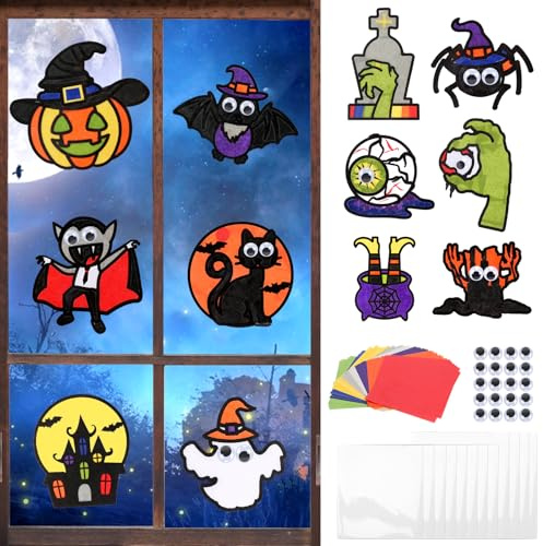 MONCAP 12pcs Halloween Stained Glass Decration Kits Art and Craft Kits for Kids, Creepy Themed Stained Glass Effect Paper DIY for Girls Boys Window Classroom Crafts Decor