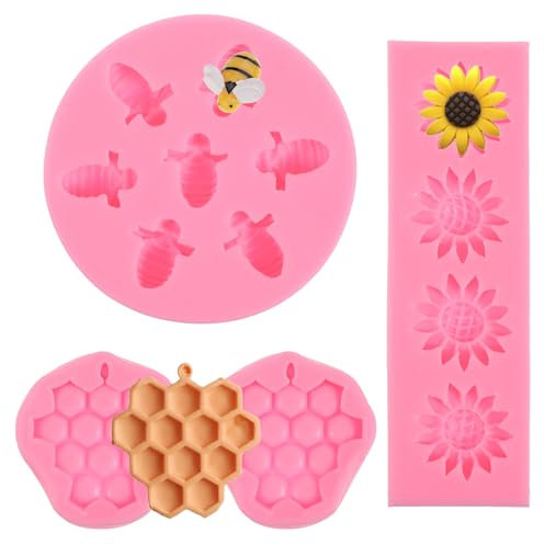 4 Pcs Bumble Bee Silicone Mold Non-Stick Beehive Baking Mold Honeycomb Sunflower Fondant Molds Mousse Chocolate Cupcake Molds for Party Wedding DIY Candy Jelly Ice Cube Mini Cakes Decoration