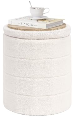 PINPLUS Round Storage Ottoman Foot Rest Stool with Tray Velvet Sherpa Folding Storage Ottoman,Boucle Foot Rest for Living Room, Bedroom, Dorm(Cream White)