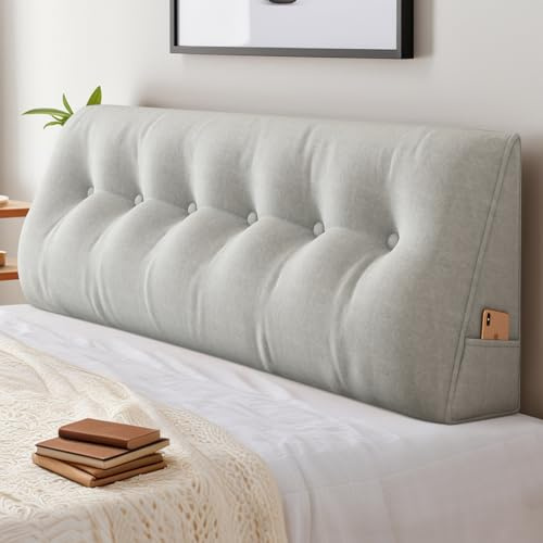 Coussin de Lecture pour Lit, Coussin de Lecture Triangulaire Support Lombaire Gros, Coussin Dossier Lit et de Tête avec Poche Latérale, Housse Amovible et Lavable (150 * 50 * 20cm, Gris Clair)