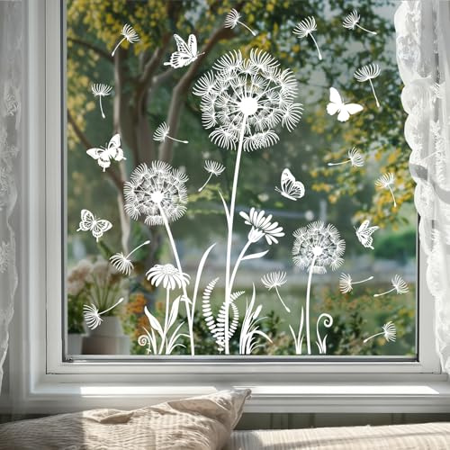 Tanlaby Adesivi per Finestre Dente di Leone Bianchi Vetrofanie per Finestra Decorativi Fiori Farfalle Primavera Estate Adesivo Finestre Vetri per Soggiorno, Camera da Letto, Cucina, Porte in Vetro