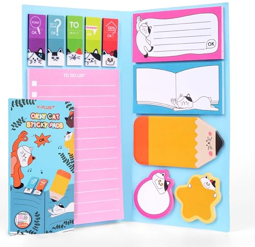 YPLUS Okay Cat Sticky Notes Set - Novelty Adhesive Notes Pack with Reusable PET Index Stickers, to Do List & Memo Pads - Fun Stationery Set for Kids Ages 6-15, Study Essentials & Desk Stationary