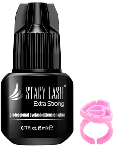 STACY LASH Extra Strong Eyelash Extension Glue (0.17fl.oz / 5ml) / 0.5-1 Sec Dry/Retention – 8 Weeks/Professional Black Adhesive/Lash Tech Supplies + Glue Ring