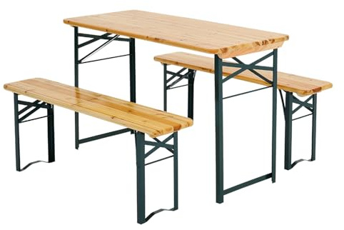 Warmiehomy Folding Camping Garden Picnic Table and Bench Set, Portable Outdoor Wooden Trestle Beer Table with 2 Benches, 3pcs Outdoor Furniture Set for Patio Yard Party BBQ(117 x 56 x 76.5cm)