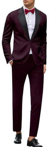 Smoking formel 3 pièces pour homme - Coupe ajustée - Solide - Un bouton - Costume de fête de mariage - Veste, gilet et pantalon pour bal de fin d'année, bordeaux, S