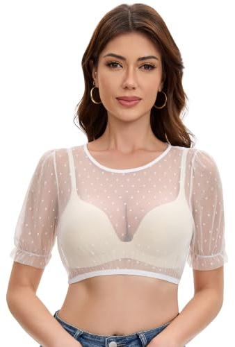 Trachtland Blouse Dirndl Femme Manches Courtes Blouse Traditionnelle Oktoberfest Transparente avec Col Rond, Boutons et Pois Blanc Taille 34-44