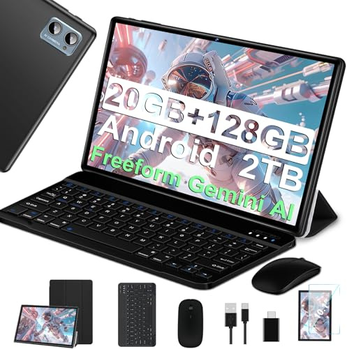 2026 Android Tableta 10.1 pulgadas, octa-core, con 20 GB de RAM + 128 GB de ROM +2 TB | 5G WiFi | FHD | GMS | Bluetooth 5.0 | 8 MP + 5 MP | Tipo C, tableta táctil, carcasa, teclado y ratón - Negro