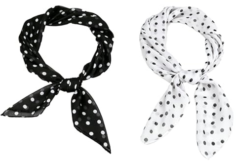 Shensuii Chiffon Scarf for Women Daily, 2Pcs White & Black | Polka Dot Bandana, Soft 65cm Square Scarf with Versatile Design, Ideal for Neck Scarf and Head Scarf