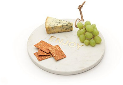 Artesà Tabla Redonda de Mármol para Servir Quesos y Aperitivos, Mensaje Gravado Color Dorado, 25.5 cm - Blanco