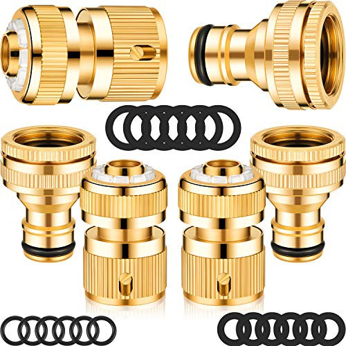 Outus 6-Piece Brass Hose Tap Connectors - 1/2 Inch & 3/4 Inch 2-in-1 Faucet Adapter with Sealing Rings & Washers