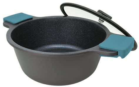 ARCOS Thera Olla Grande de Cocina de 28 Cm y 6,6 L. Cacerola Alta para Inducción, Gas y Vitro. Olla de Aluminio Fundido con Tapa de Cristal y Mango Extraíble. Apta Lavavajillas. Color Negro Azul