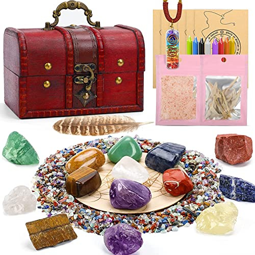 Juego de 35 piedras curativas de cristal curativo, 7 piedras de chakra rugosas y pulidas, 80 g de piedras trituradas, collar, 8 velas mágicas, 7 papel/salvia/pluma/sal, rejilla de madera y caja para