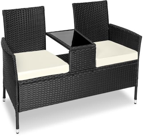 tectake® Banc d'extérieur avec Table intégrée, 133x63x84 cm, Ensemble de Salon de Jardin, Terrasse, Balcon, Résistant aux intempéries, Coussin d'assise 6 cm, Mobilier de Jardin en Rotin 2 Personnes
