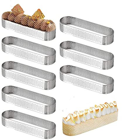 Tiamu 8 Pack Ovale Tortenring Tartelette Förmchen Dessertringe, Perforiert Kuchenform Mousse Ring, DIY Französisch Obstkuchen Backform, Antihaft Kuchenringe zur Gebäck, Törtchenformen(9.4 * 2.8 * 2cm)
