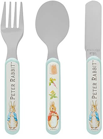 Peter Rabbit 3 Piece Cutlery Set – Metal, Reusable Children's Knife, Fork & Spoon, Kids-Size, Made from Food-Safe Stainless Steel & ABS Plastic – Flopsy, Mopsy, Cotton Tail – for 36 Months & Up