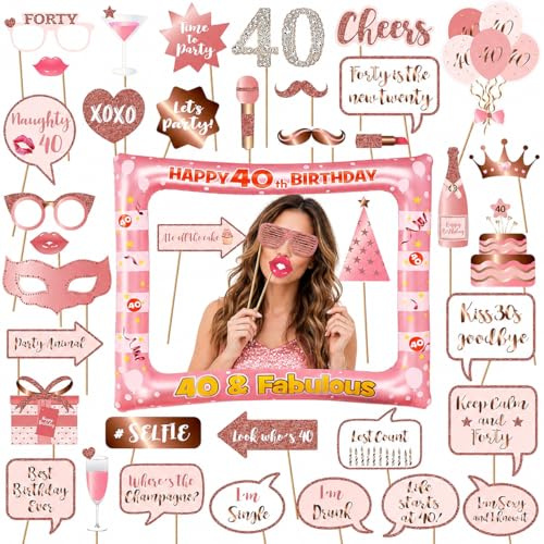 Cornice per Foto 40° Compleanno, 40 Pezzi Photo Booth oro rosa Compleanno Accessori Carta Foto Frame Cornice Puntelli Fotografia Decorazione per Festa Compleanno Gadget 40 Anni Fai da Te