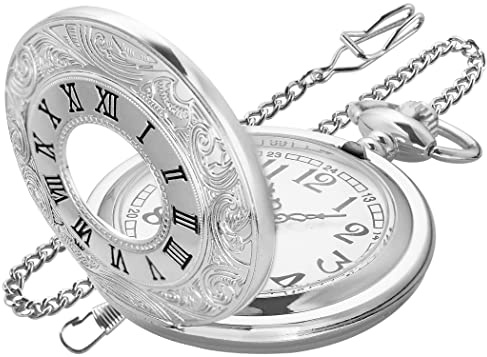 Realpoo Silver Hollowed Out Roman Covered Quartz Pocket Watch for Men, Arabic Numerals White Dial Pocket Watches for Men, Men's Quartz Pocket Watch with Chain -Silver