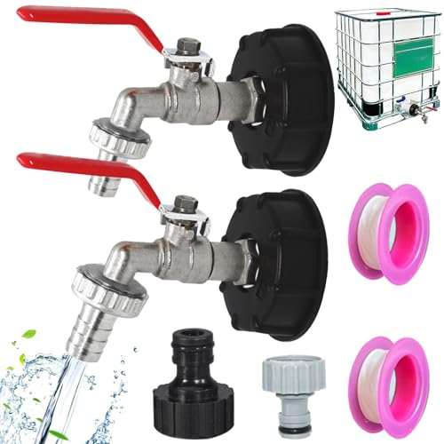 NINGYER 2 Pezzi IBC Rubinetto, 1/2 e 3/4 Rubinetto Serbatoio IBC con Adattatore e Nastro Sigillante, Rubinettos per Cisterna IBC 1000 Litri, Per Serbatoi di Pioggia IBC (2 Dimensioni)