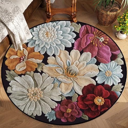 Sedefen Kurzflor Teppich Rund 160 cm Bunt Blumen Muster Terrassen Teppich Dekorative Wohnzimmer Schlafzimmer Vintage Teppich Läufer Indische Boho,Anti-Rutsch Unterseite,Felloptik