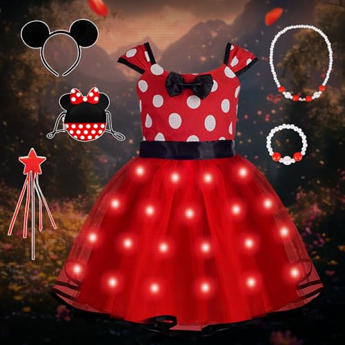COYBTO Robe Princesse Fille, Deguisement Princesse Fille con LED avec Oreilles Souris Sac, Collier, Robe Tutu à Pois pour Fille, Princesse Lumineuse pour Carnaval Noël Halloween Cosplay
