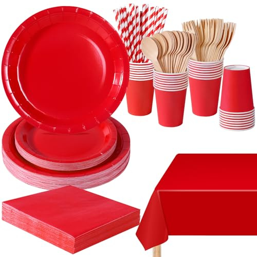 PYAILI Juego Vajilla Fiesta Rojo 169 Piezas para Cumpleaños | Juego de vajilla desechable con platos, vasos y servilletas para fiestas, barbacoas, reuniones y Navidad, 24 invitados