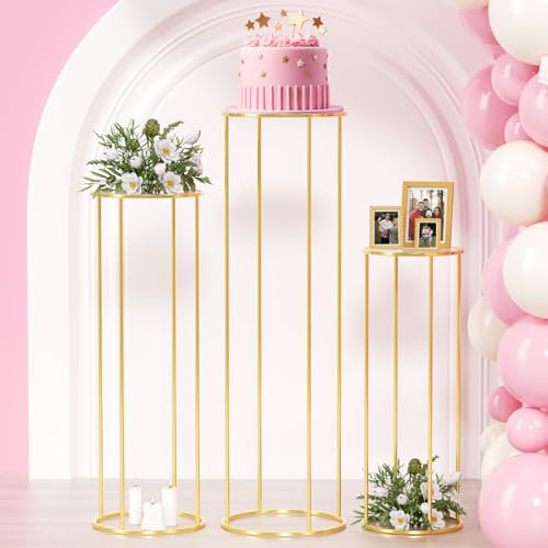 KXQYIKYI 3 Soportes cilíndricos de Metal para Fiestas, Soporte de Pedestal cilíndrico Dorado para exhibición de Fiestas, Mesa de Pedestal Redonda, Soporte de Plantas de Metal para maceteros, Flores,