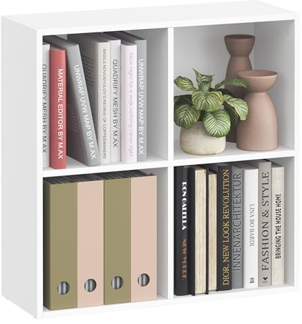 VASAGLE Custos Kollektion - Bücherschrank, Bücherregal, mit 4 Fächern, Büroregal, Würfelregal, Standregal, für Wohnzimmer, Schlafzimmer, Büro, Kinderzimmer, weiß LBC476W01