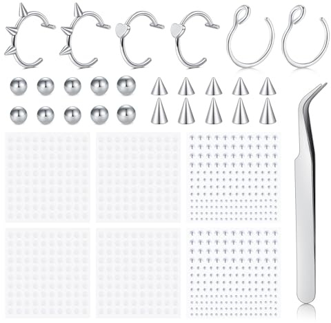 FloralGrace 13 Piezas Juego de Piercings Falsos, Incluye Anillo de Piercing Nasal de Acero Inoxidable, Piercing de Labio Falso, Anillo Nasal, Septum, Ideal para fácil aplicación y Estilo Creativo