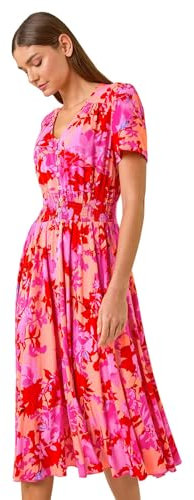 Roman Originals Shirred Empire Waist Dress for Women UK Ladies Midi Maxi Summer Spring Tiered Frill Hem Short Sleeve V Neck Button Through Boho Bohemian Holiday Cruise - Pink Floral - Size 18